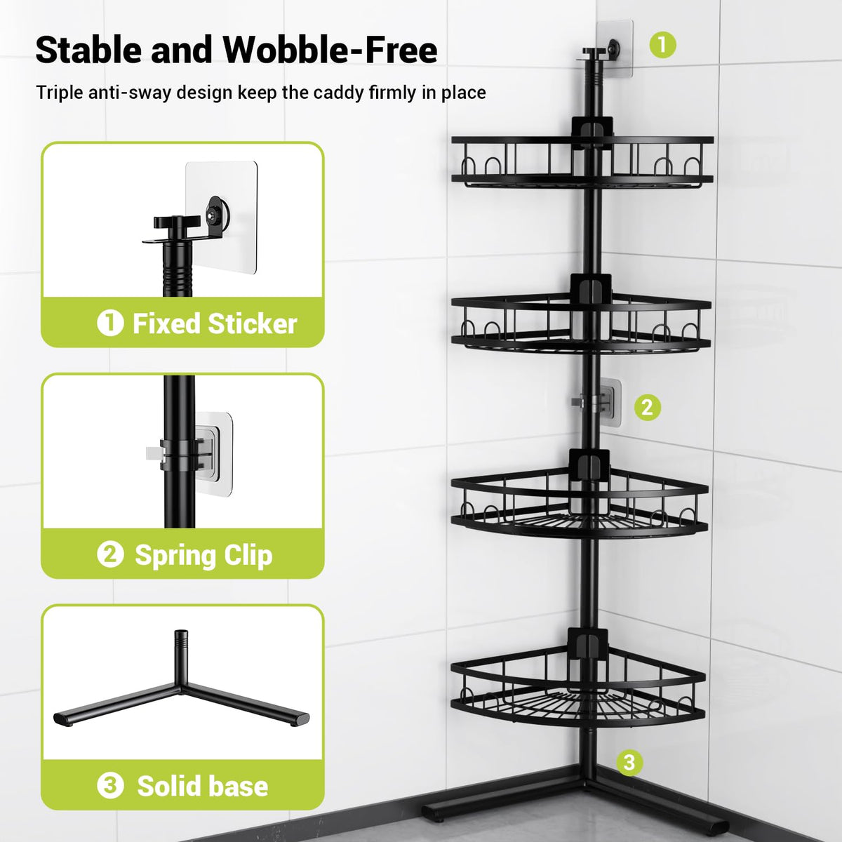 Aitatty corner shower caddy standing with four baskets providing ample storage space.