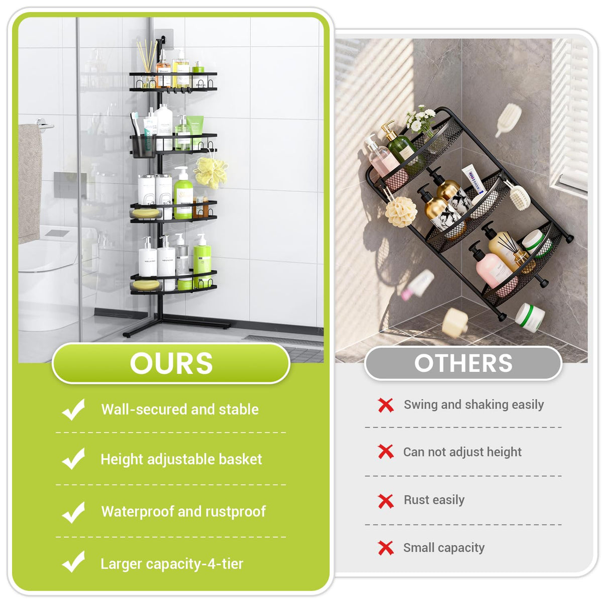 Aitatty corner shower caddy standing in rustproof 304 stainless steel with a sleek black finish.