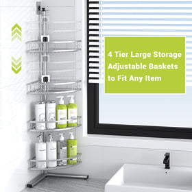 Aitatty corner caddy includes extra hooks for towels, razors, and accessories.