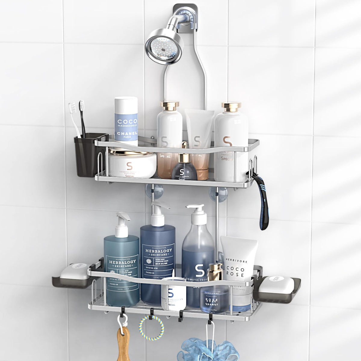 Aitatty hanging shower caddy over shower head keeps toiletries organized and within reach.