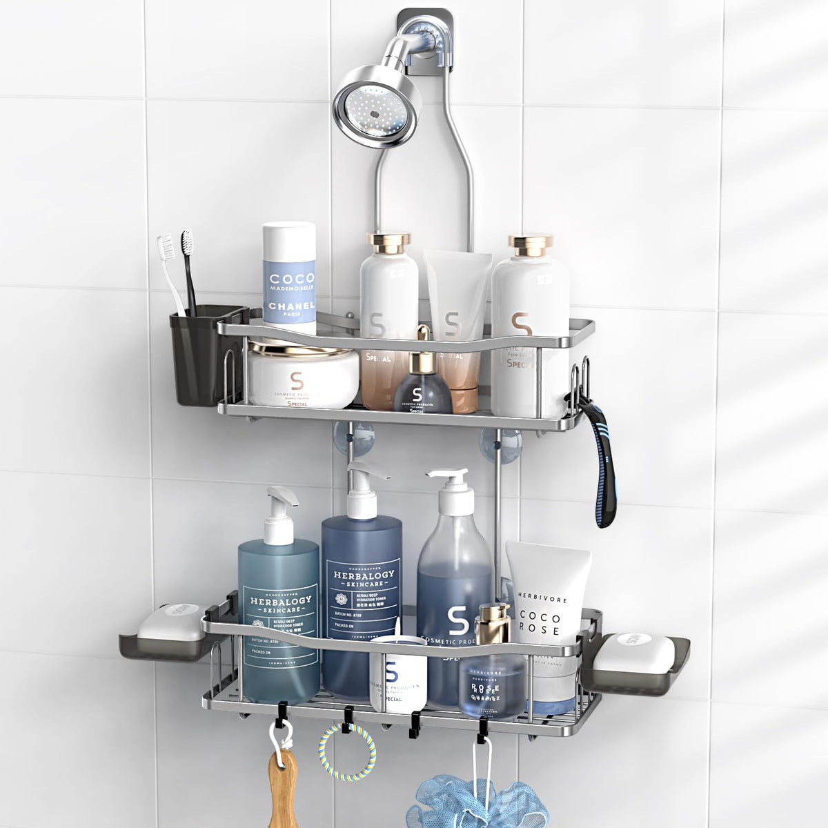 Aitatty hanging shower caddy over showerhead keeps shampoos within reach.