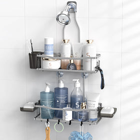 Aitatty hanging shower caddy over showerhead keeps shampoos within reach.