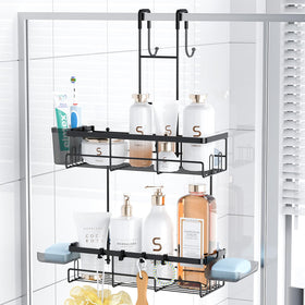 Aitatty over door shower caddy installed on door for clutter free bathroom organization.