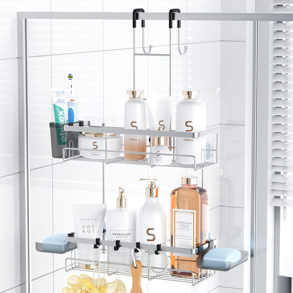 Aitatty over-the-door shower caddy in chrome holds shampoo and soap towels efficiently.
