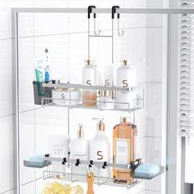 Aitatty over-the-door shower caddy in chrome holds shampoo and soap towels efficiently.