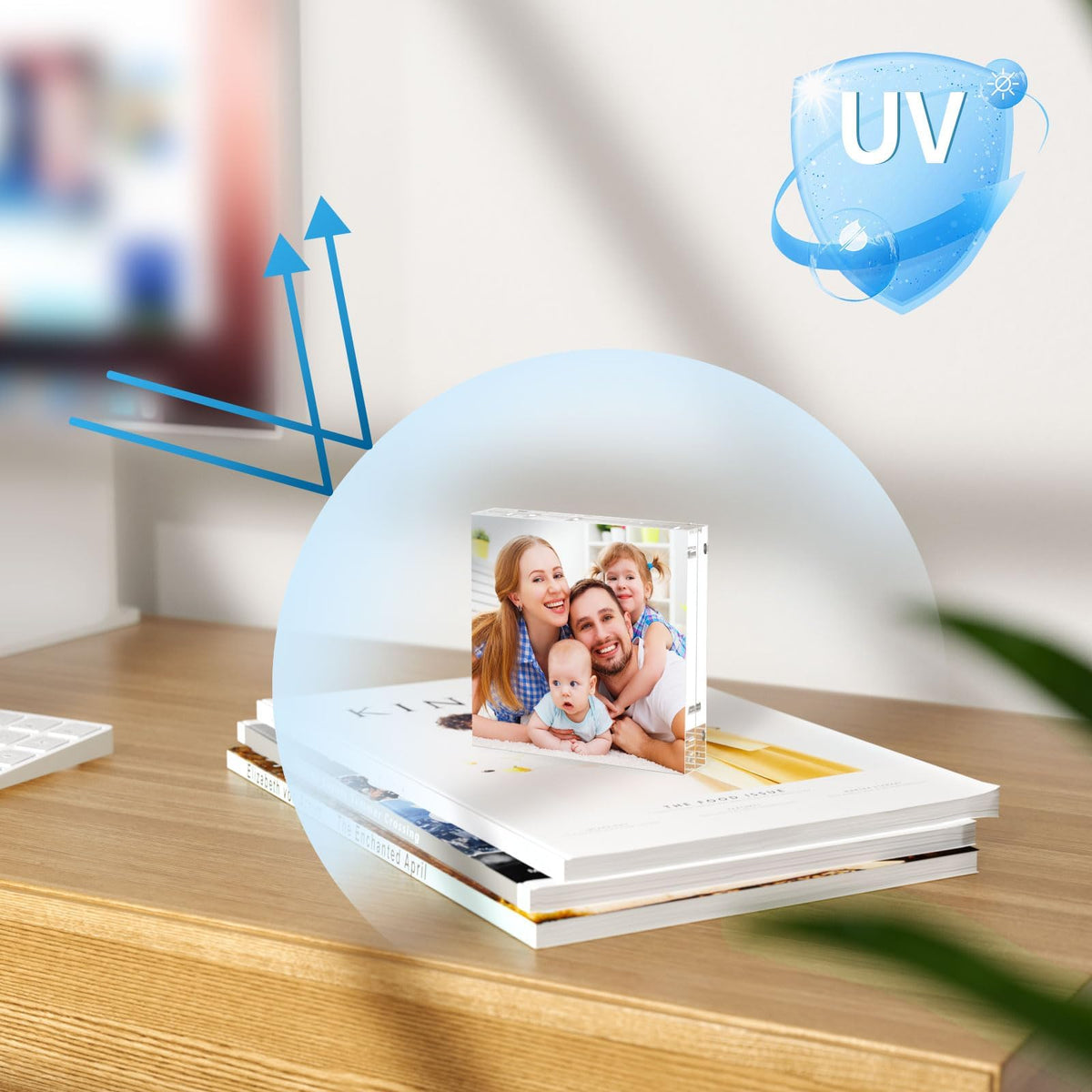 AITEE clear acrylic frame on desk supports horizontal or vertical orientation.