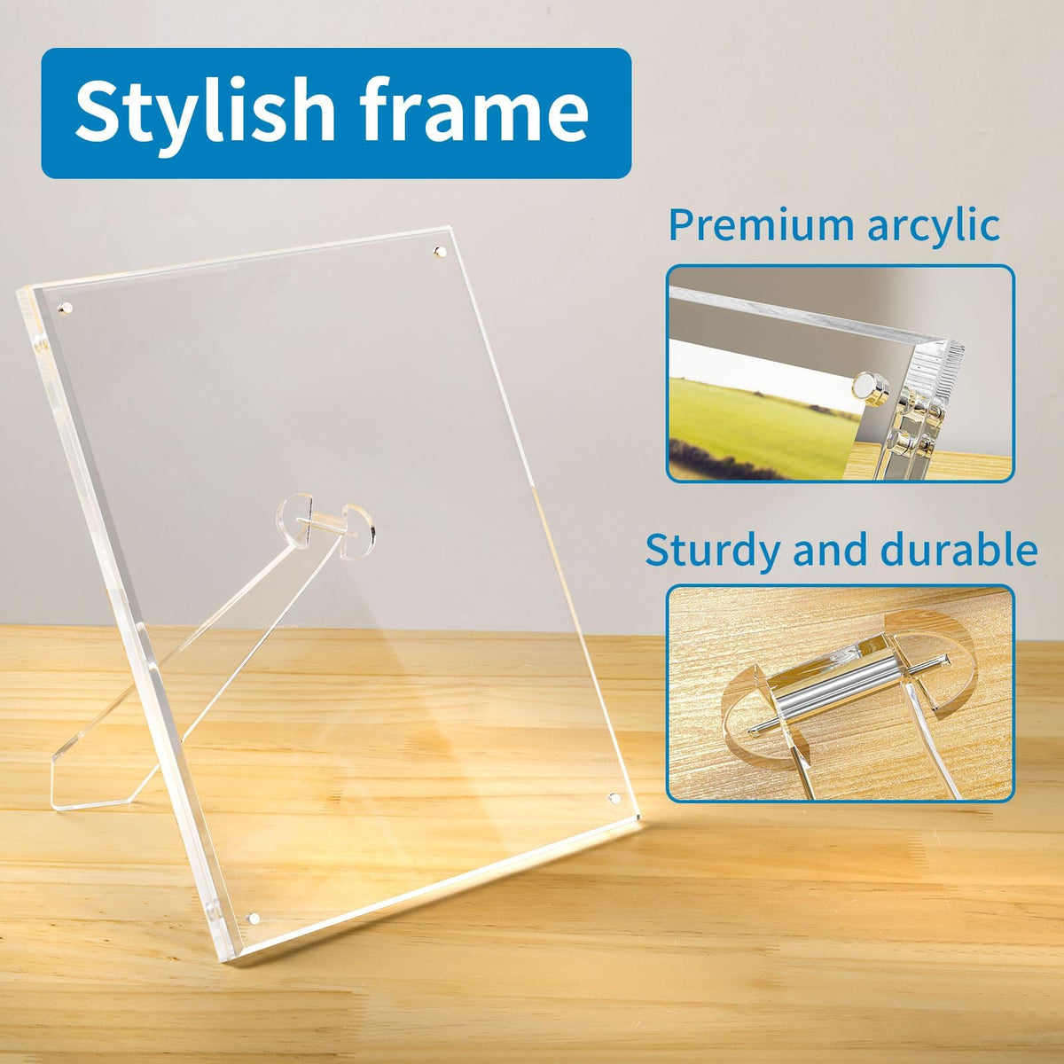 AITEE clear acrylic frame with desk stand supporting vertical or horizontal layout