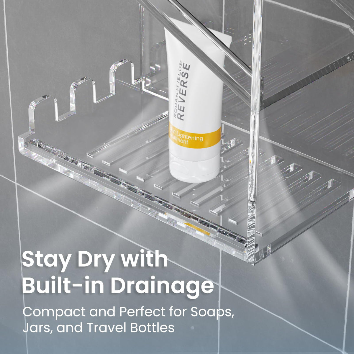 AITEE rustproof acrylic shelf for shower items and towels.