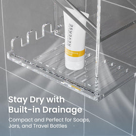 AITEE rustproof acrylic shelf for shower items and towels.