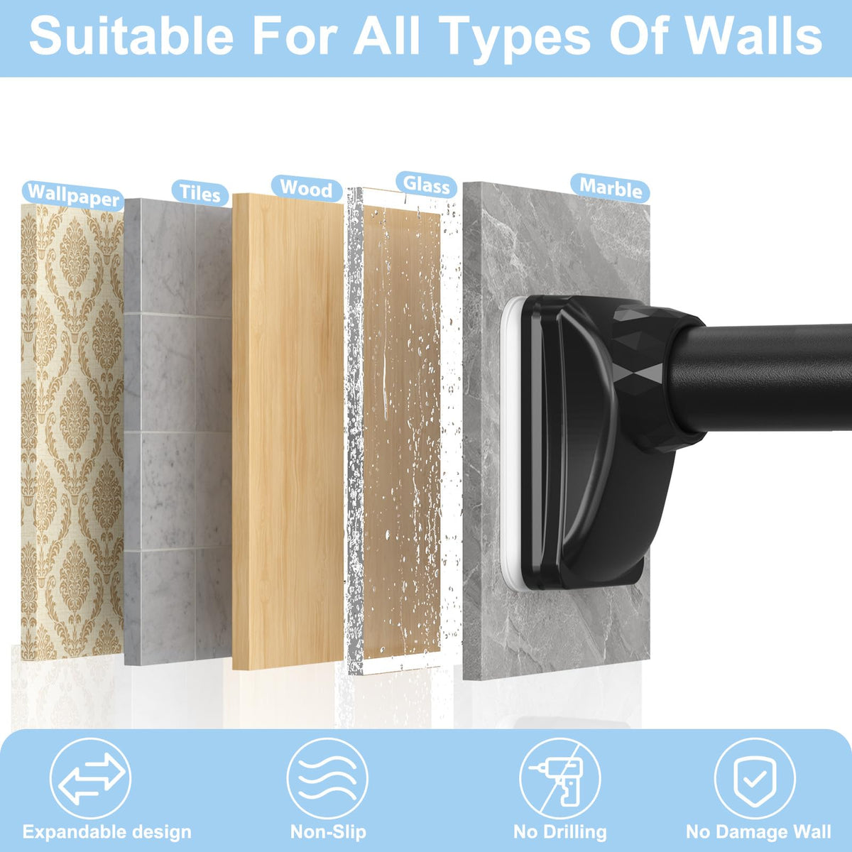 AIZESI heavy-duty tension rod supports up to 70 pounds.
