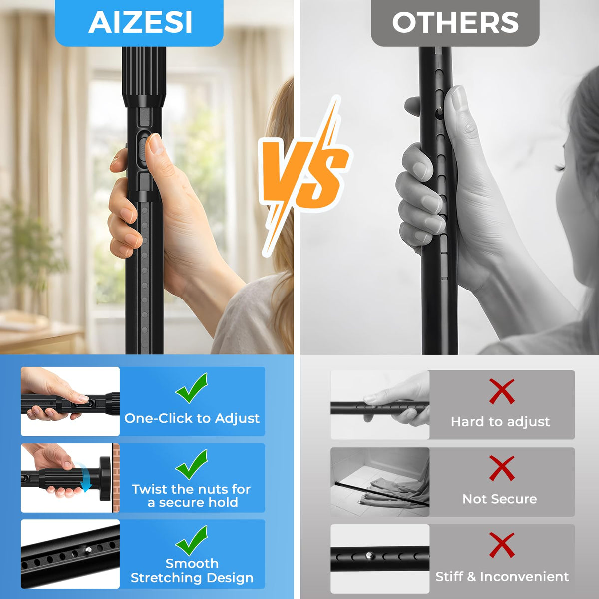 AIZESI no-drill installation enabling quick, tool-free setup on various surfaces.