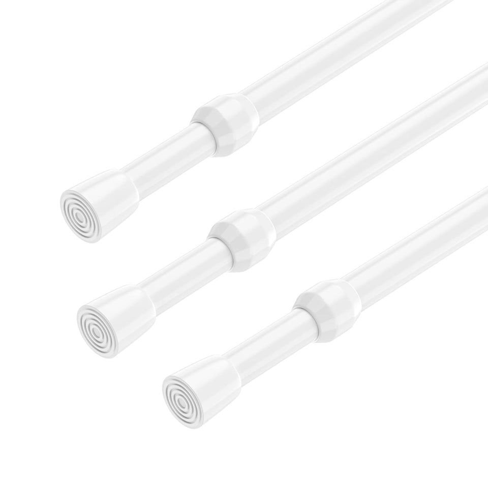 AIZESI Spring Tension Rods extended to fit 26–39 inches for versatile openings.