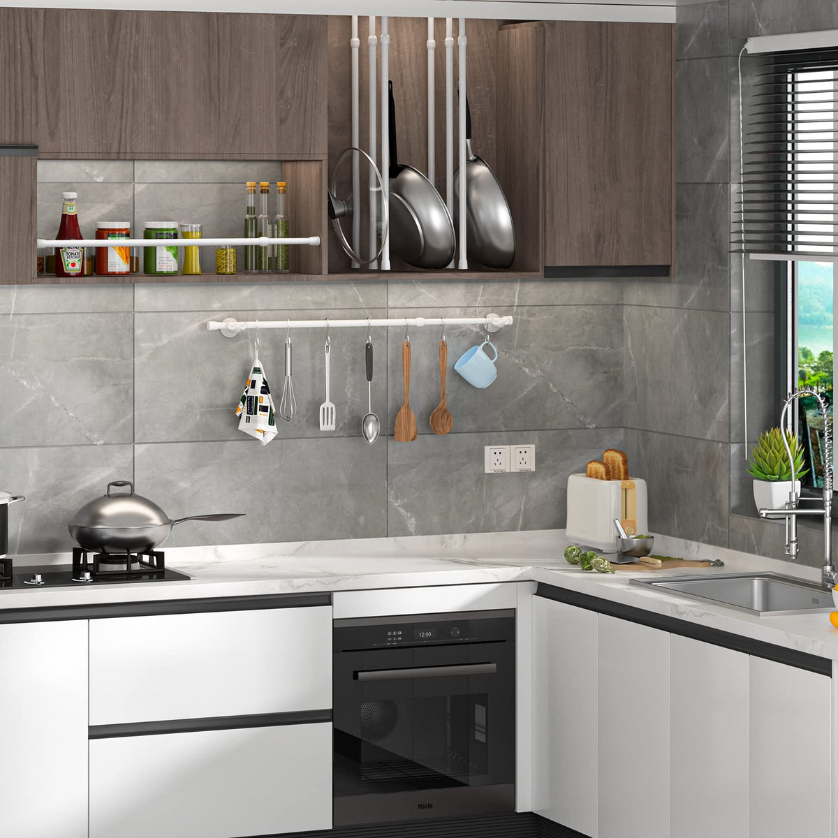 AIZESI white finish blends with decor during curtain mounting.