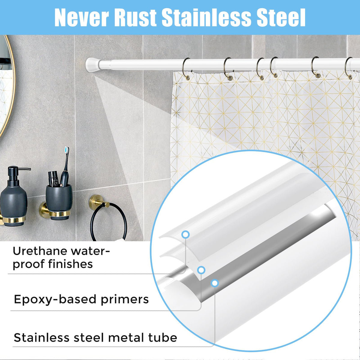 AIZESI tension rod in bathroom setup holds shower curtains securely