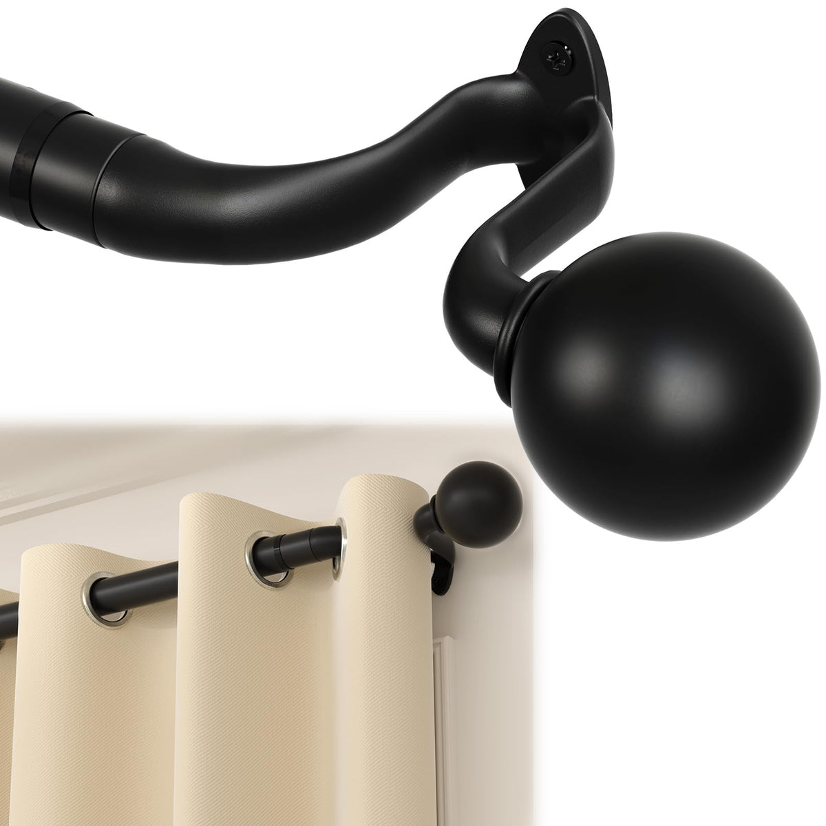 AIZESI wrap-around curtain rod extending beyond frame improves light blocking.