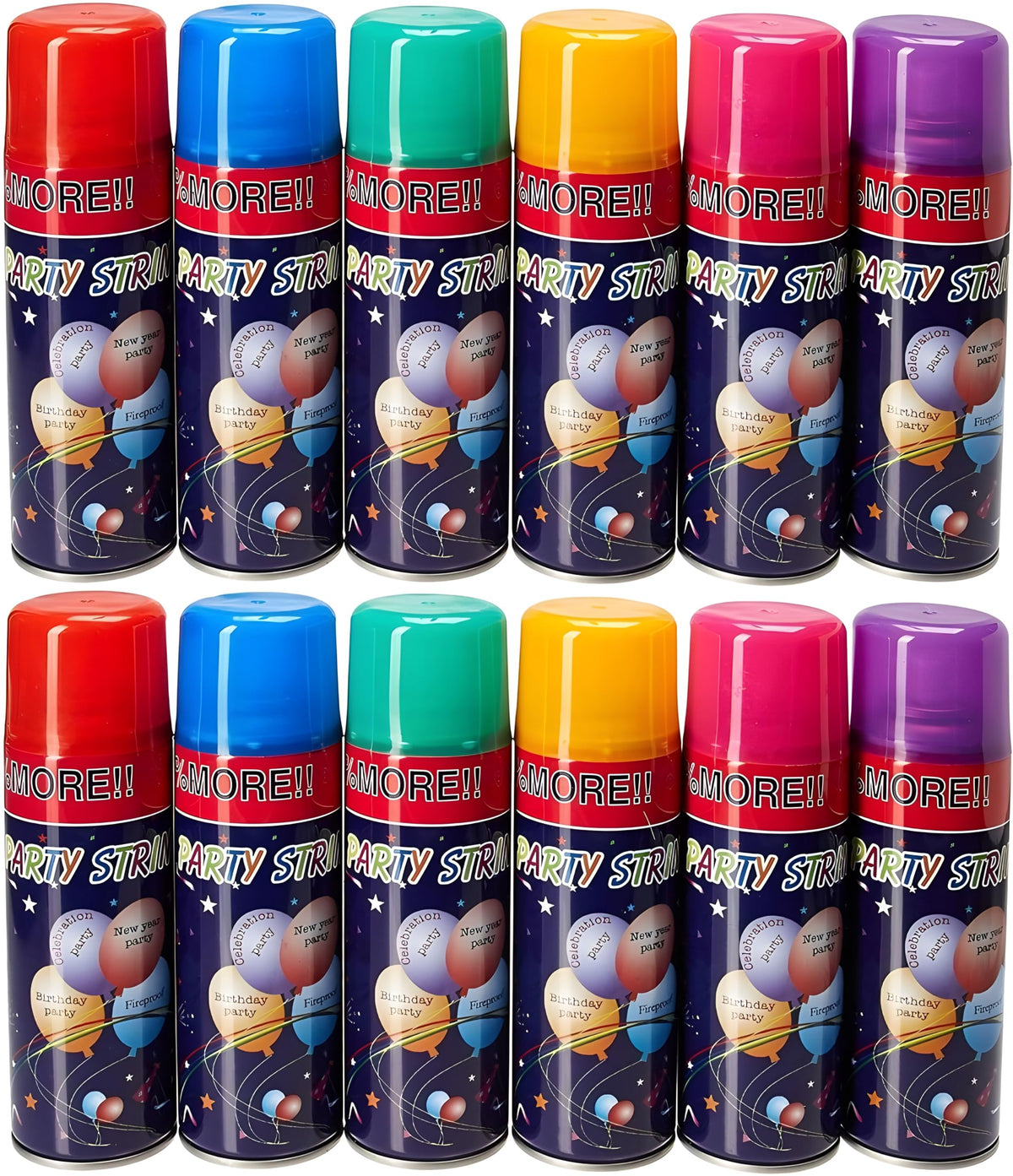 AJ Toys and Games 12-pack party string spray all colors for vibrant decorations.