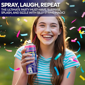 AJ Toys and Games party string spray setup on table for easy decorations.