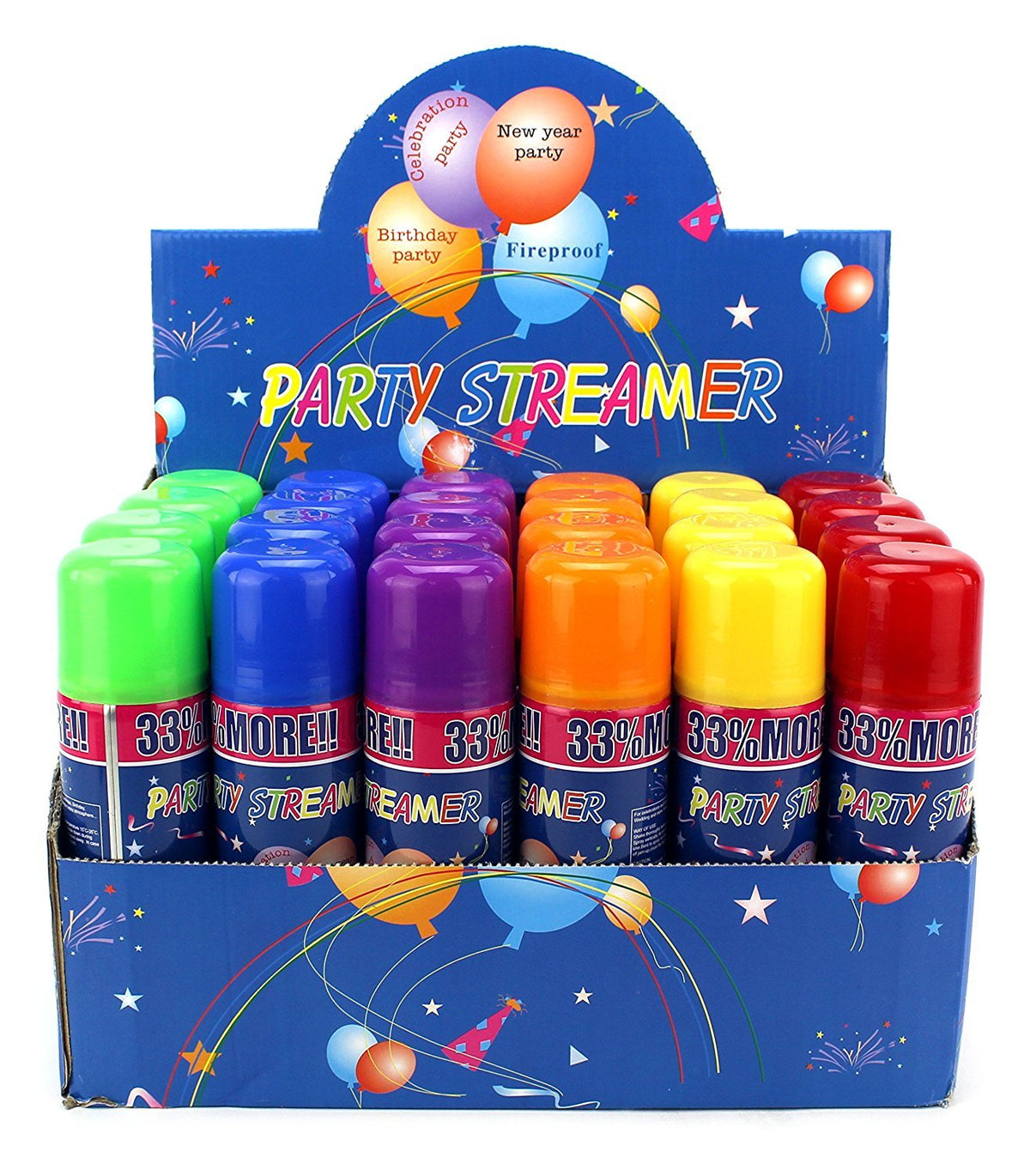 AJ Toys and Games 24-pack party streamer spray cans in assorted colors for festive decor.