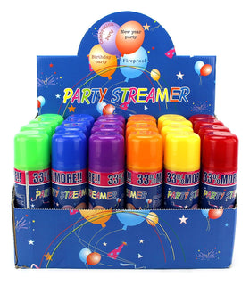AJ Toys and Games 24-pack party streamer spray cans in assorted colors for festive decor.