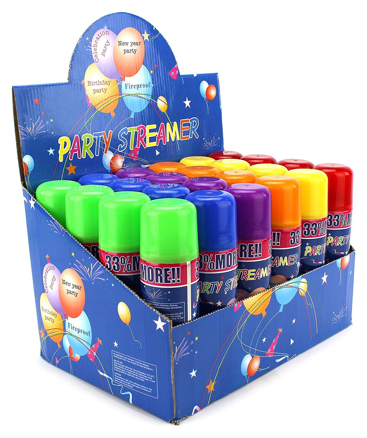 Assorted color spray cans by AJ Toys and Games add vibrant accents to celebrations.