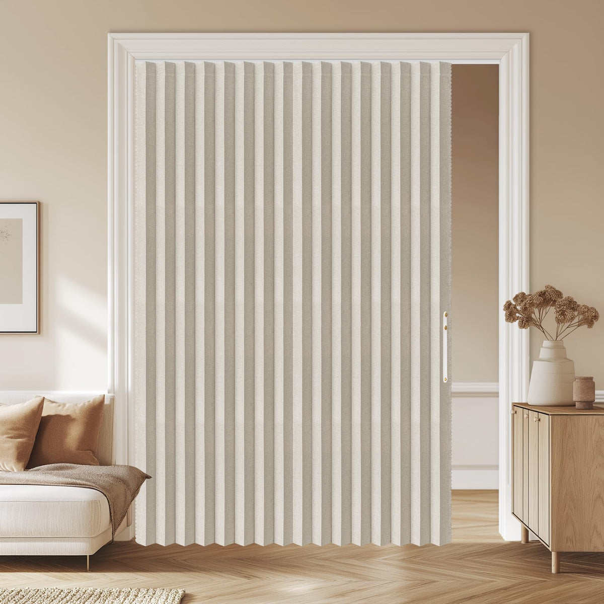 AJAZZ accordion curtain panel in cream white adds privacy and light control.