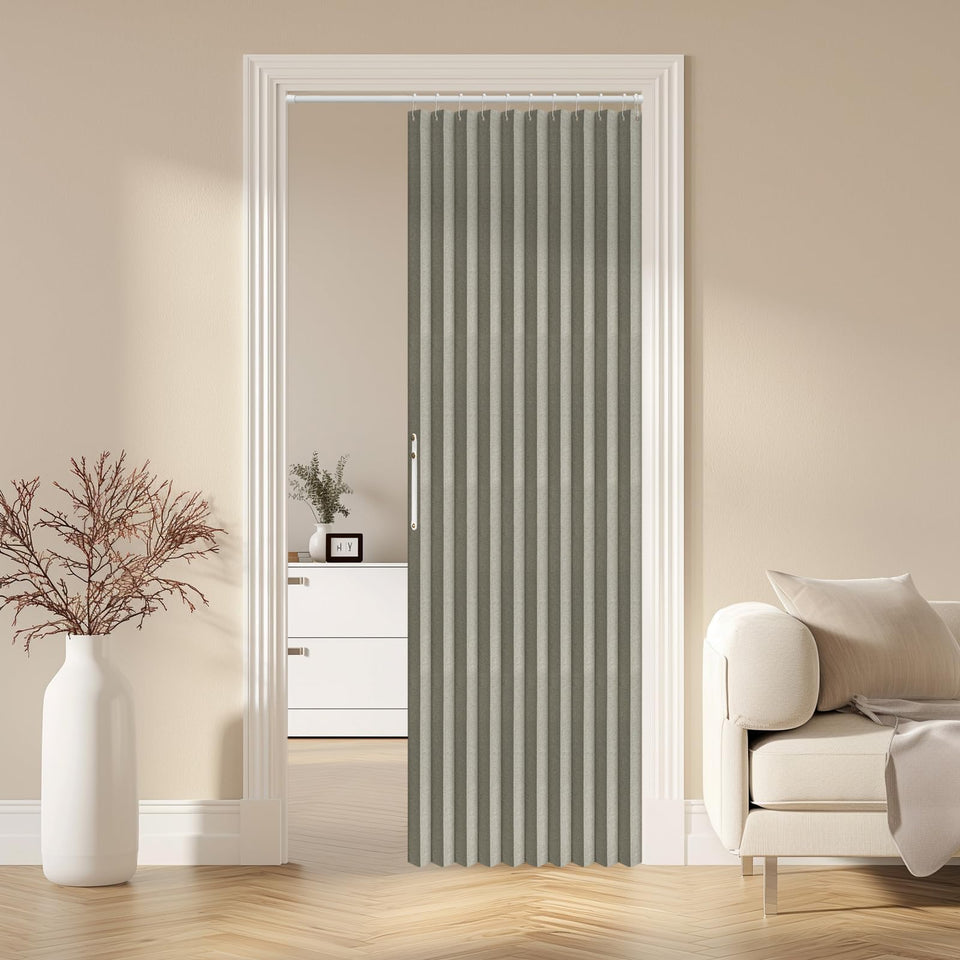 AJAZZ blackout accordion door curtain with magnetic closure blocks light and enhances privacy.