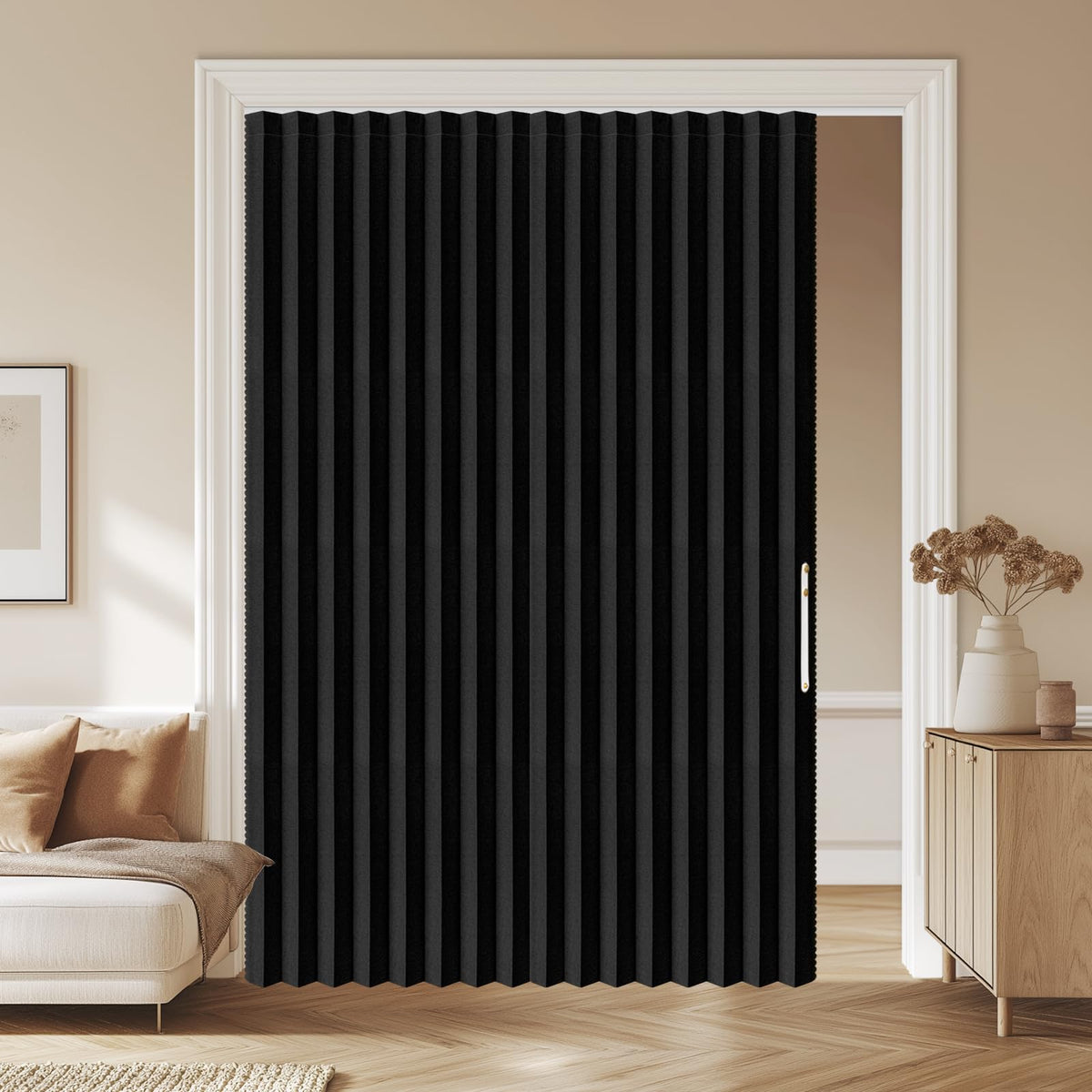 AJAZZ blackout doorway curtain with accordion design for privacy and space savings.