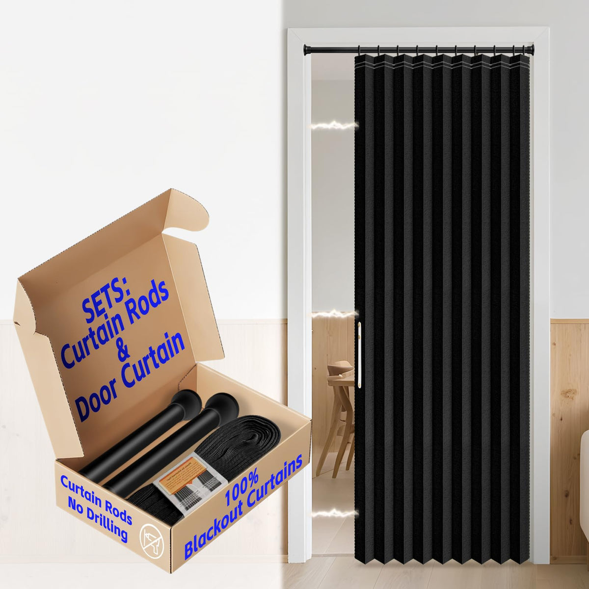 AJAZZ blackout door curtain with rods included offers quick setup and doorway privacy.