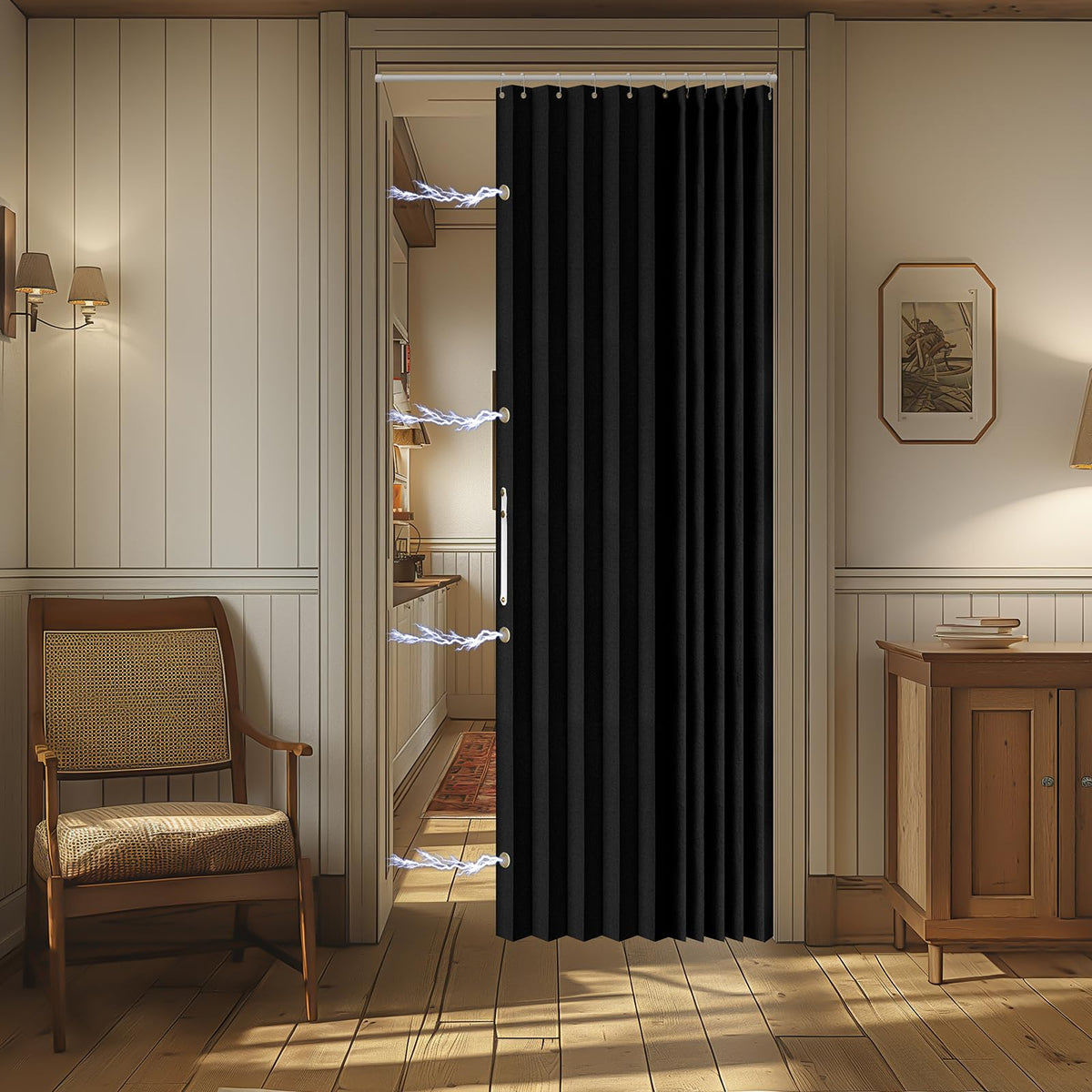 AJAZZ curtain in a doorway showcases the invisible folding feature.