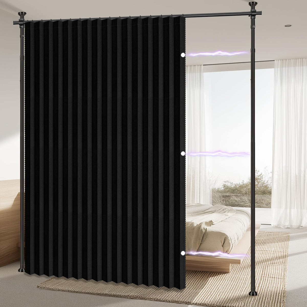 AJAZZ room divider curtain in black offers instant privacy.