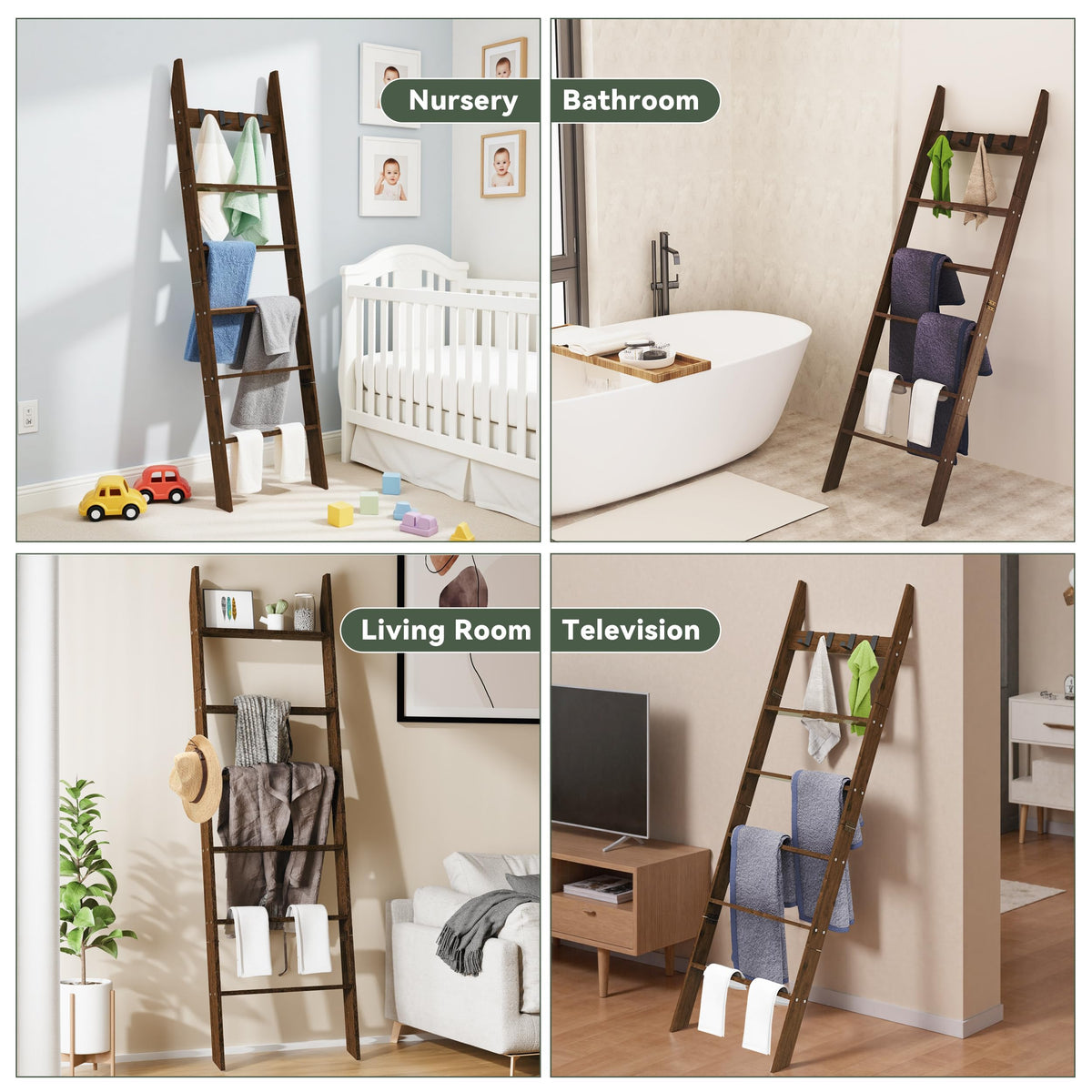 AJLS blanket ladder in living room used for towels, throws, and decor.