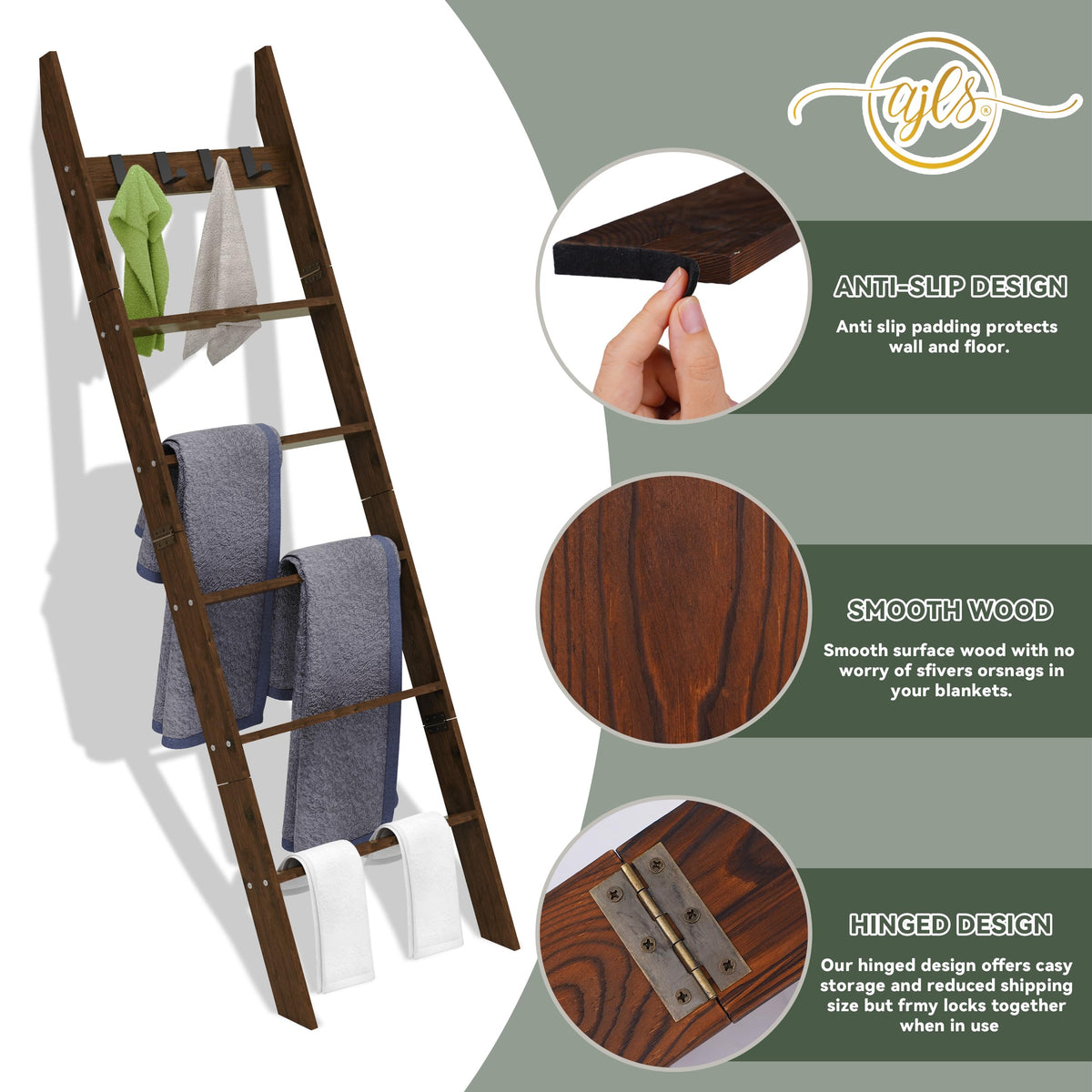 AJLS farmhouse-style rack showcasing shelf and decorative appeal.
