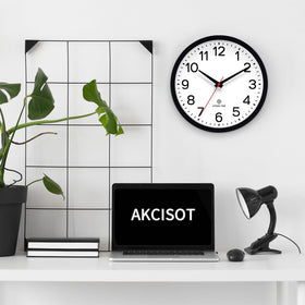 AKCISOT Atomic Black Wall Clock in bedroom for quiet, reliable timekeeping