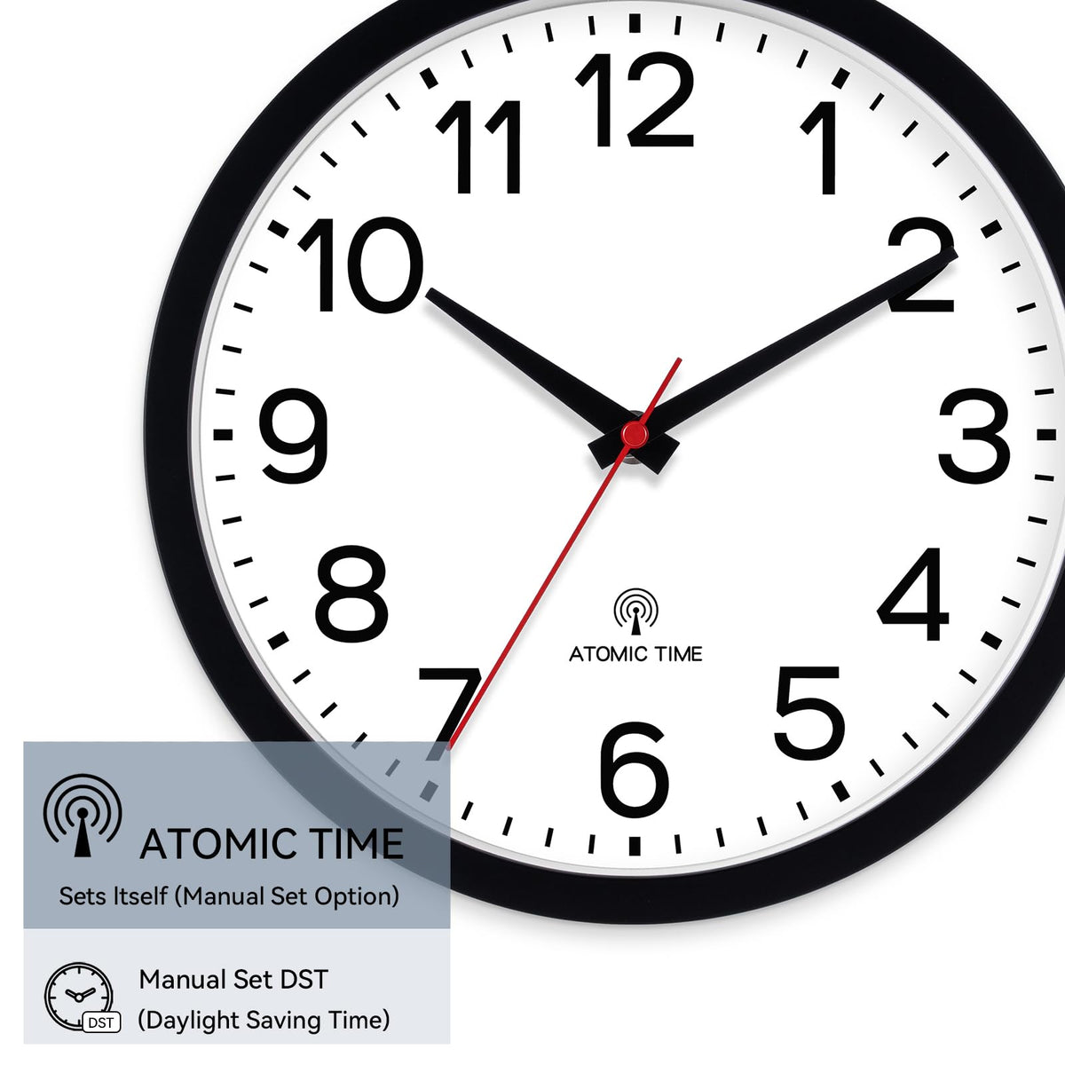 AKCISOT Atomic Black Wall Clock side profile shows slim silhouette for tighter spaces