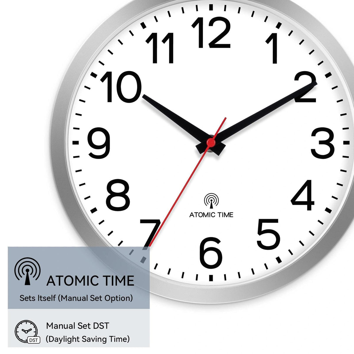 AKCISOT Atomic Silver Wall Clock shows PT MT CT ET time zones