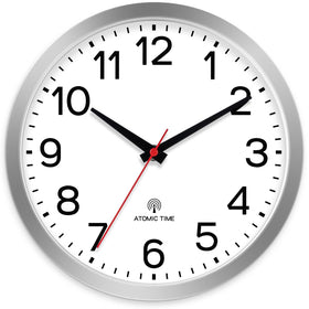 AKCISOT atomic wall clock with silver finish and 12-inch dial for precise time at a glance.