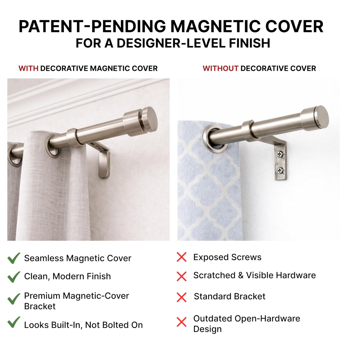 A Key Tech brushed nickel curtain bracket closeup showing durable hardware.