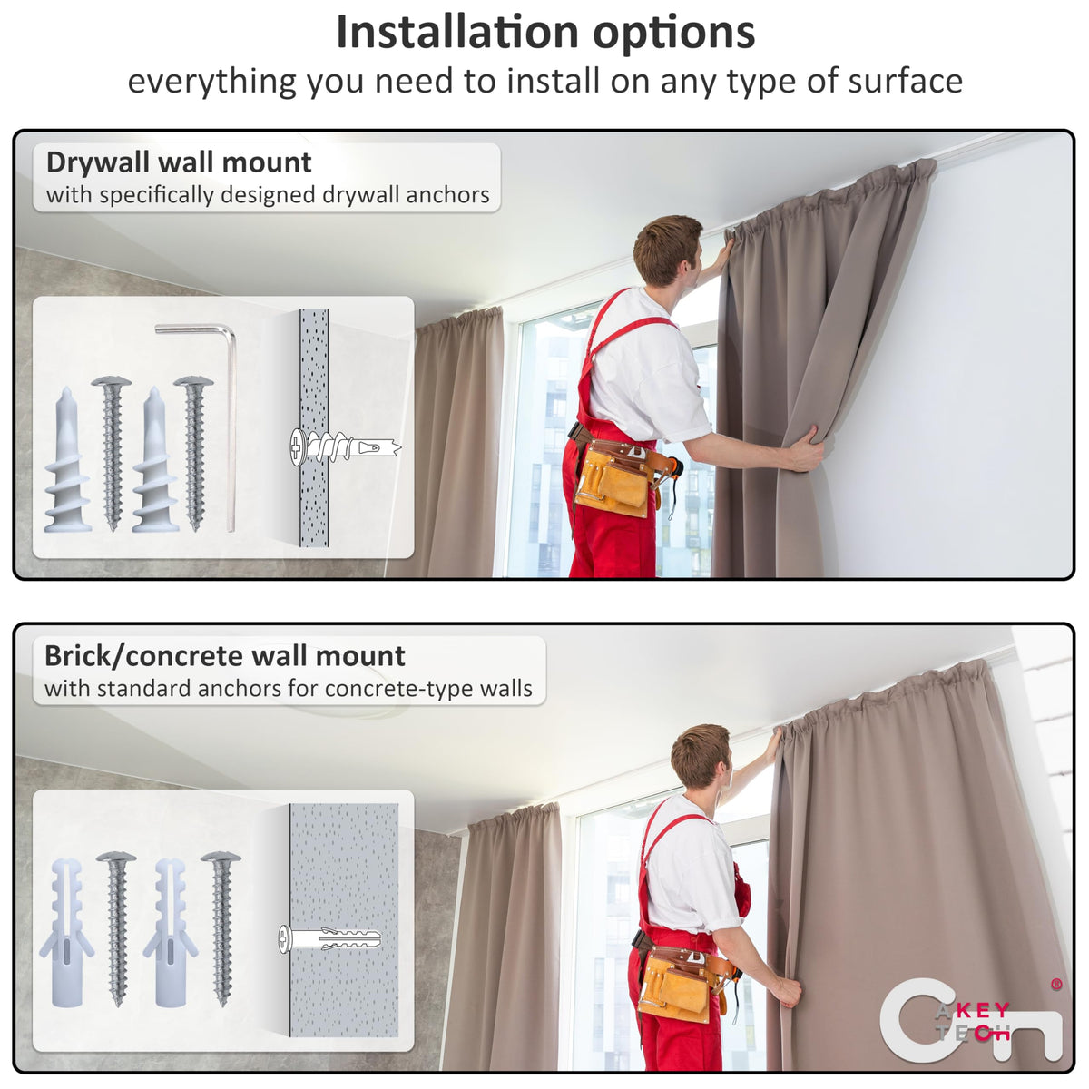 A Key Tech set of 3 curtain brackets packaging shows value and organization.