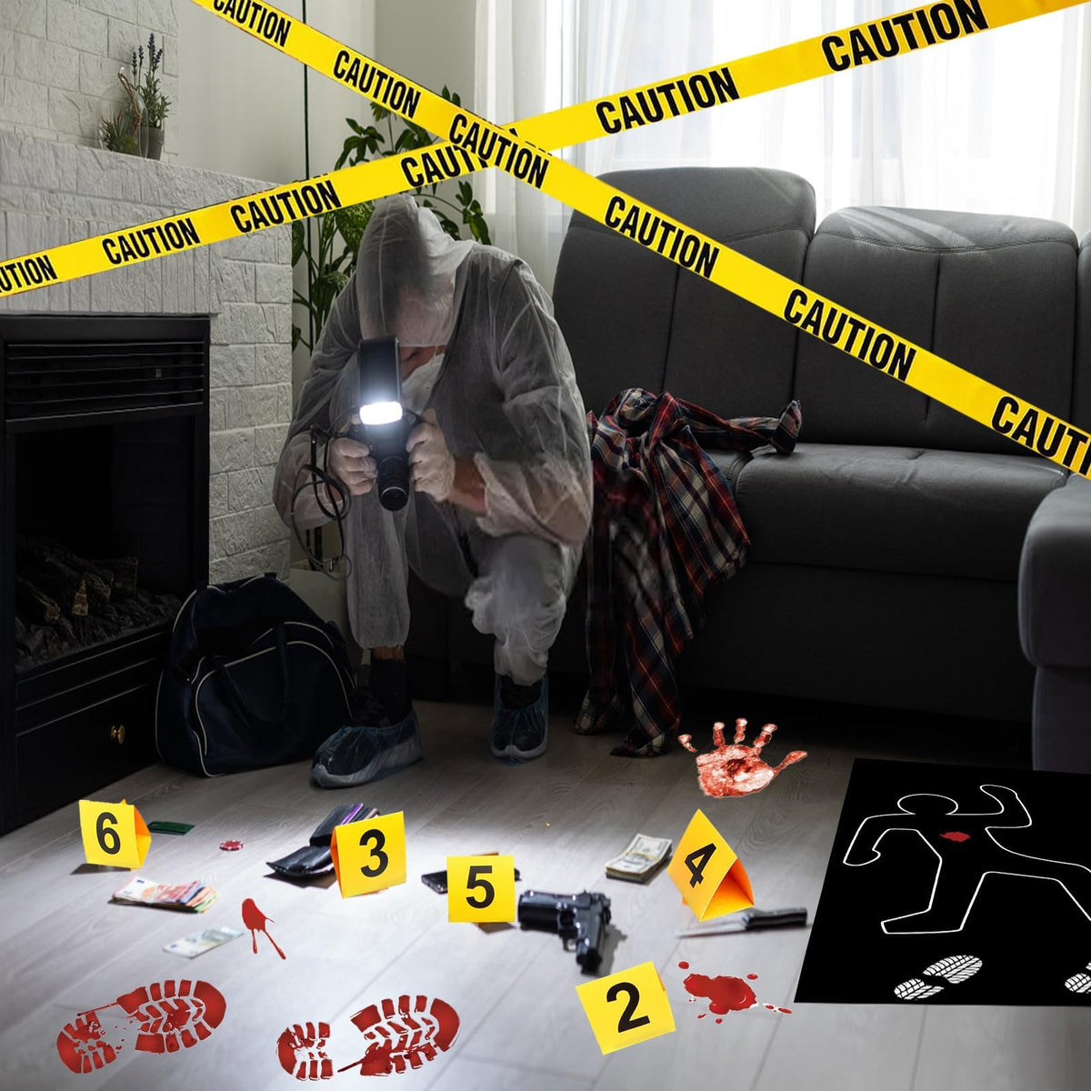 Akide crime scene body silhouette adds dramatic focal point for detective-themed setups.