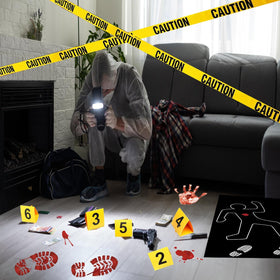 Akide crime scene body silhouette adds dramatic focal point for detective-themed setups.