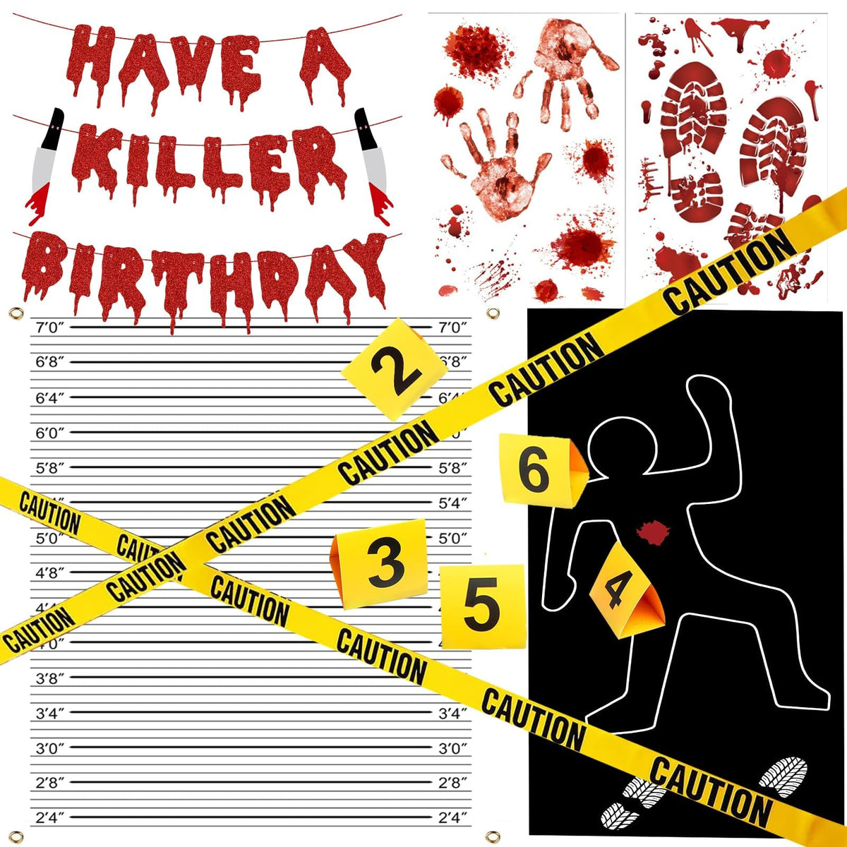 Akide Have a Killer Birthday Banner enhances crime-scene ambiance for mystery parties.