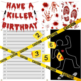 Akide Have a Killer Birthday Banner enhances crime-scene ambiance for mystery parties.