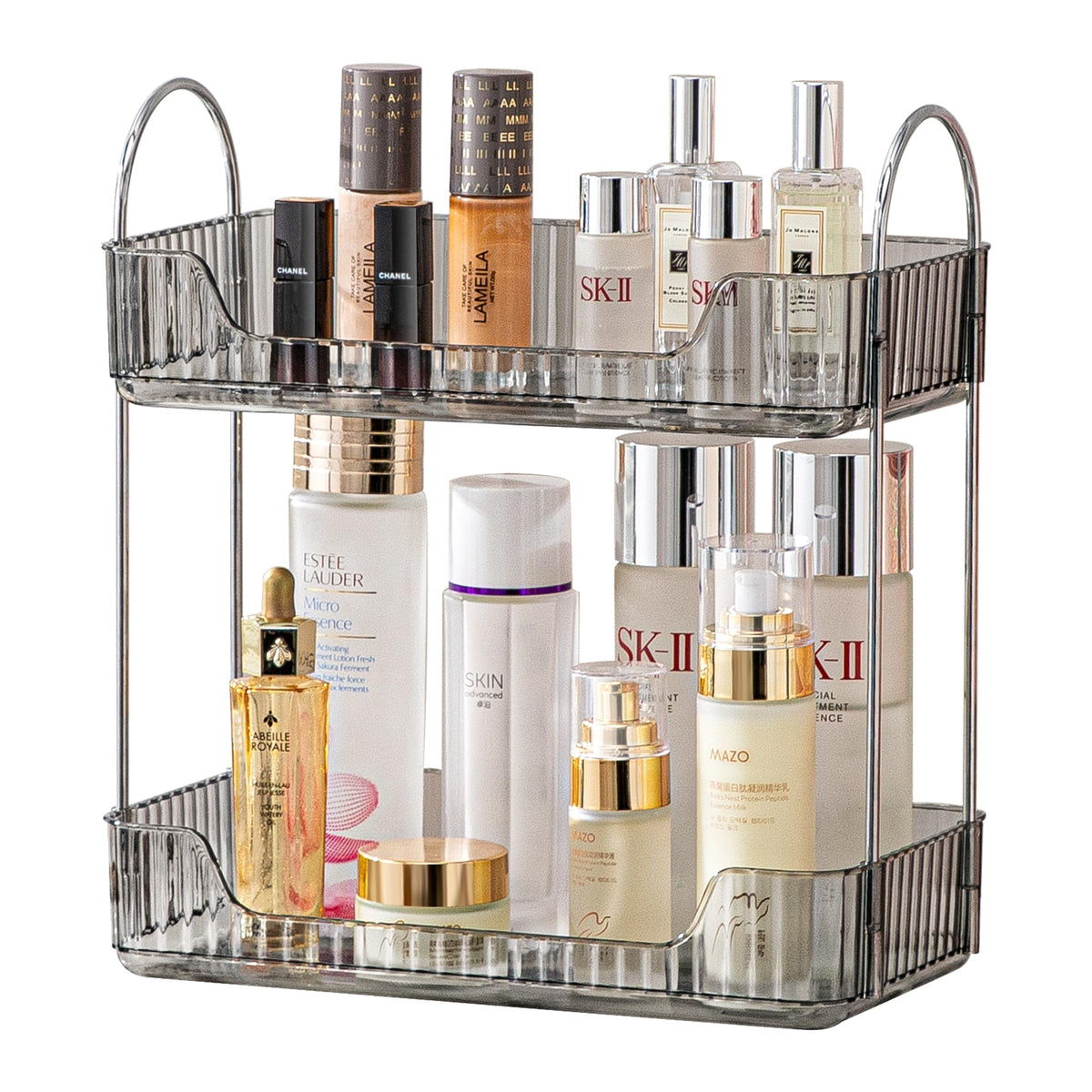 Akinbas 2-tier bathroom organizer, front view, showing spacious storage for cosmetics and skincare