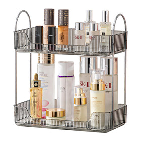 Akinbas 2-tier bathroom organizer, front view, showing spacious storage for cosmetics and skincare