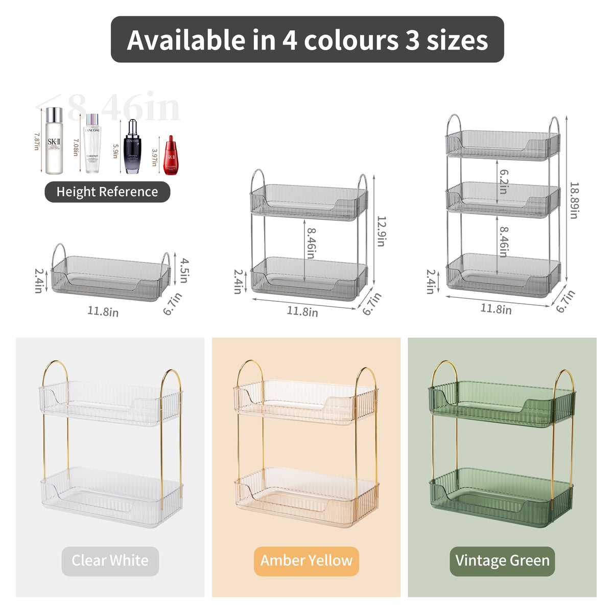Akinbas 2-tier organizer, side view, highlights compact footprint on a vanity