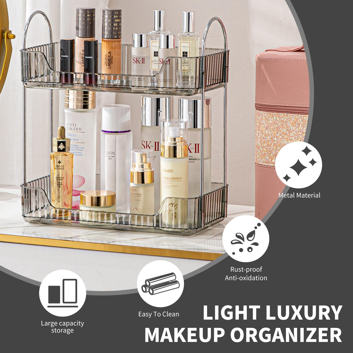 Akinbas two-tier makeup tray, upper and lower levels for brushes and bottles