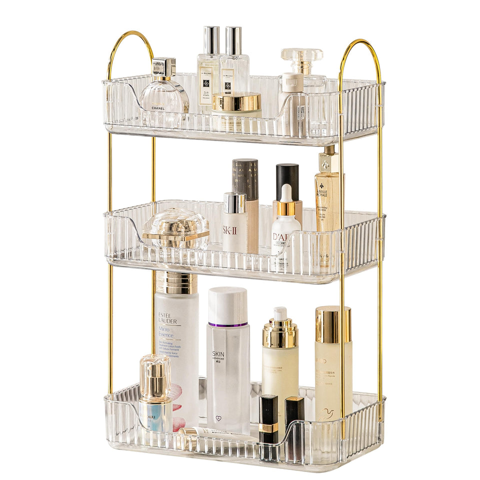 Akinbas 3-tier bathroom organizer on countertop for clutter-free vanity storage.