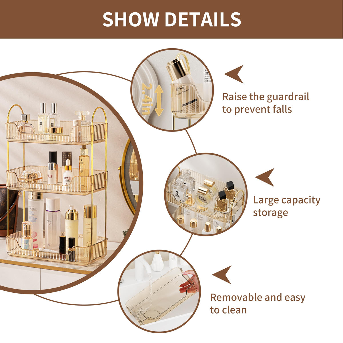 Akinbas 3-Tier Gold Organizer drawer-side angle shows raised edge protection
