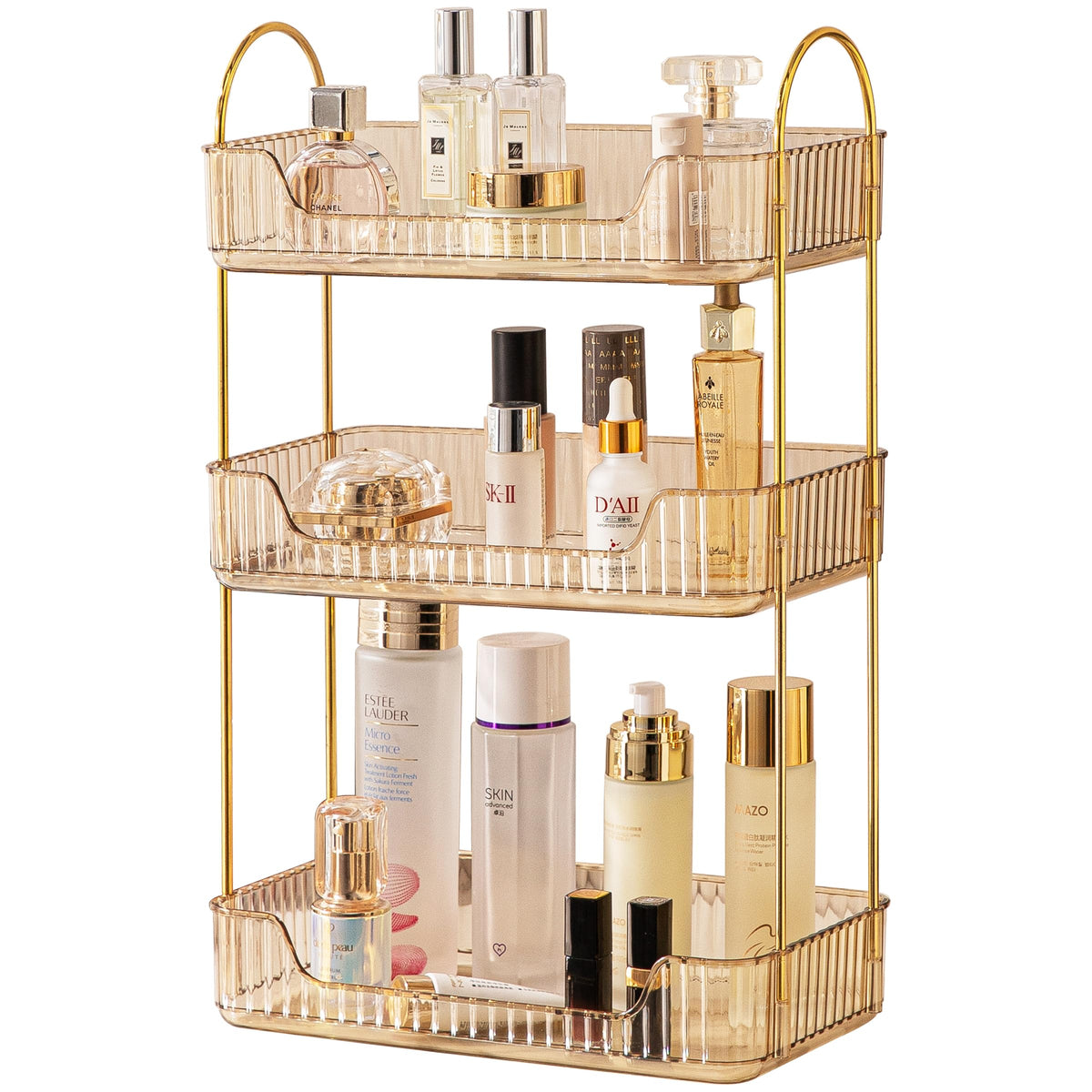 Akinbas 3-Tier Gold Organizer top view, spacious tray for easy access to cosmetics