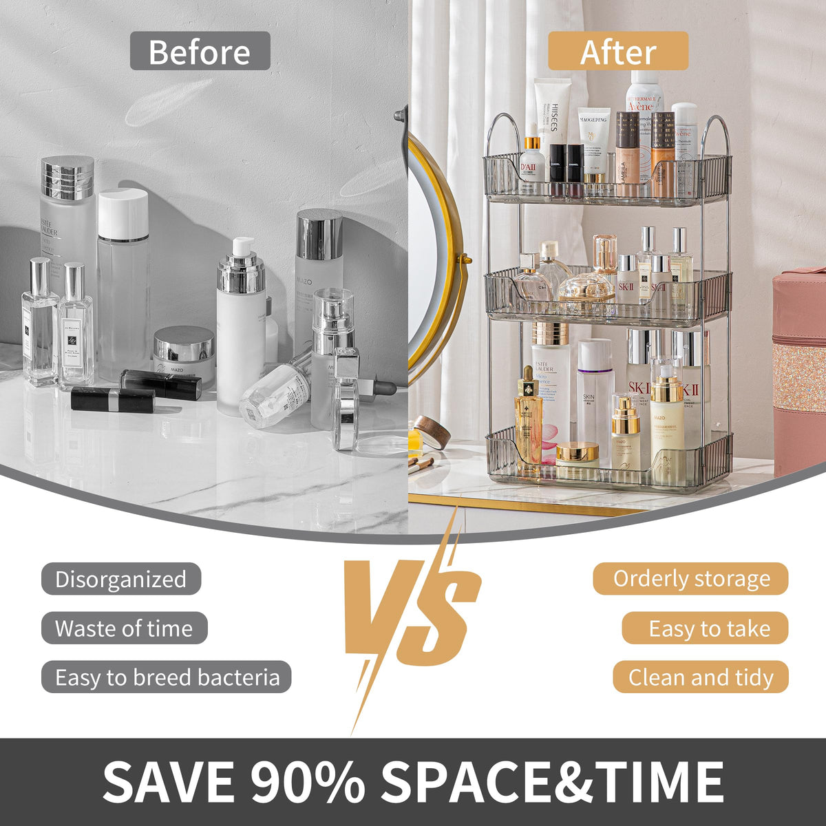 Akinbas clear upper tray shows space between levels for taller fragrance bottles.